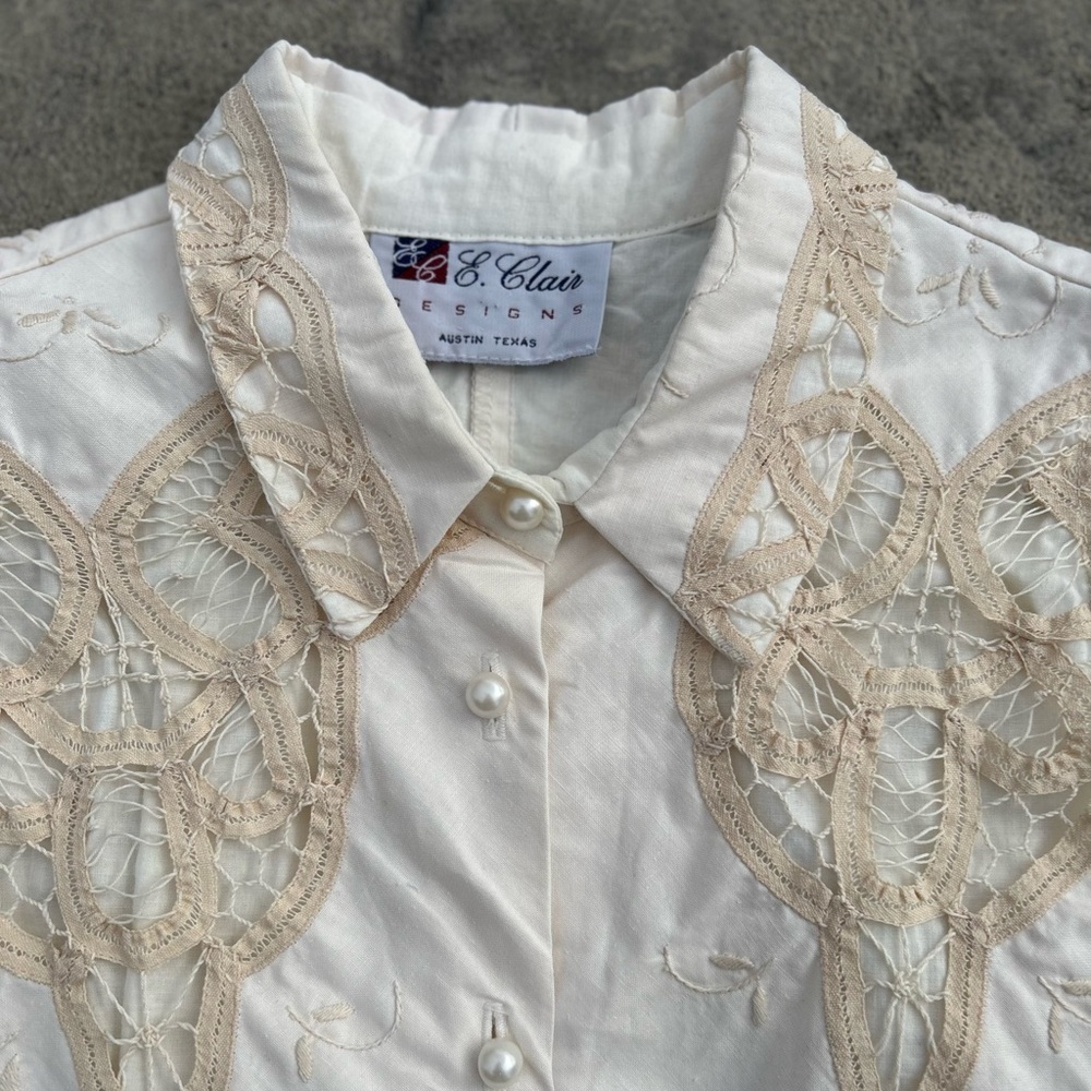 Vintage E. Clair Designs Austin Texas Cream Crochet Lace Western Blouse Xs S View 2